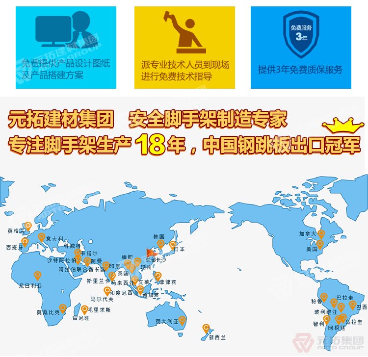 元拓建材集團，安全腳手架制造專家！專注腳手架生產(chǎn)18年，中國鋼跳板出口冠軍！